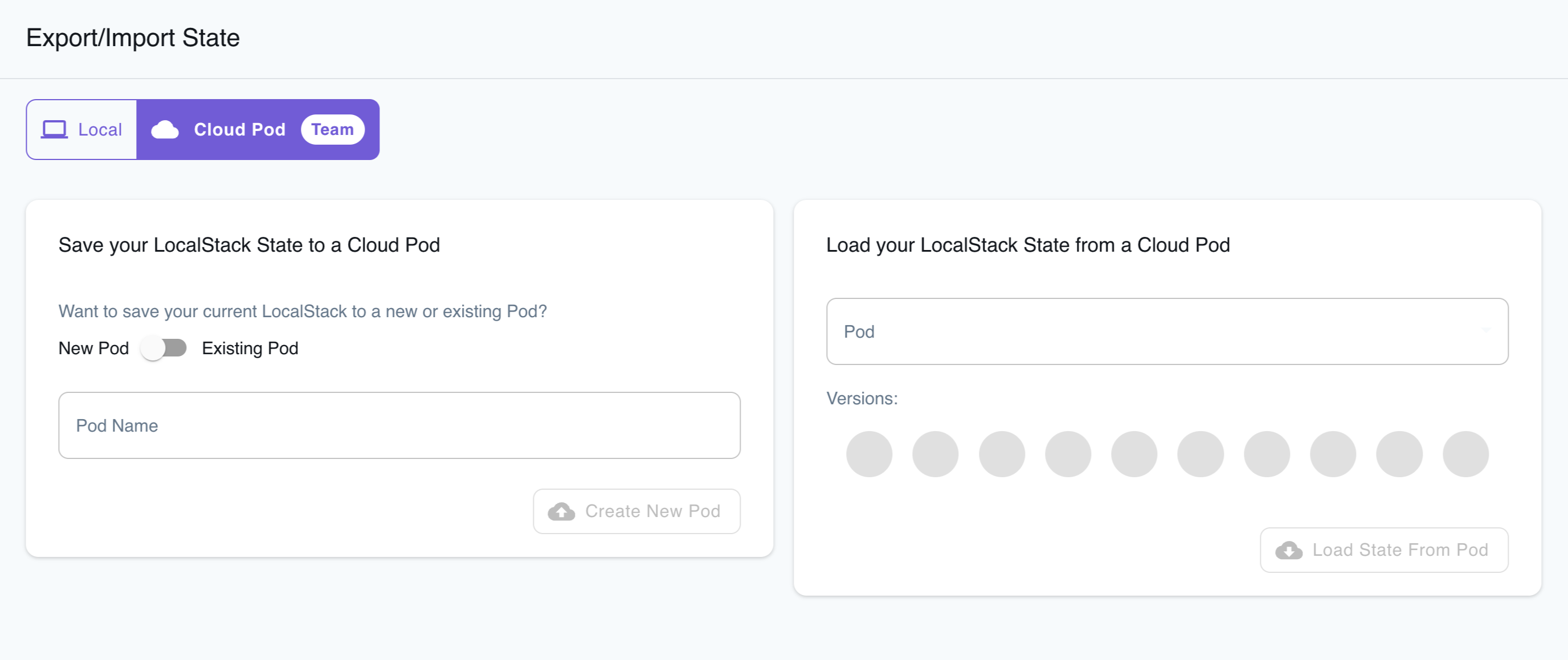 LocalStack Web Application’s Export/Import State page in Cloud Pod mode